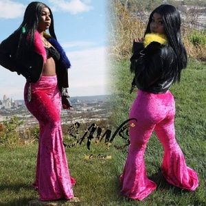 Fuchsia Velvet High Waisted Flare Pants